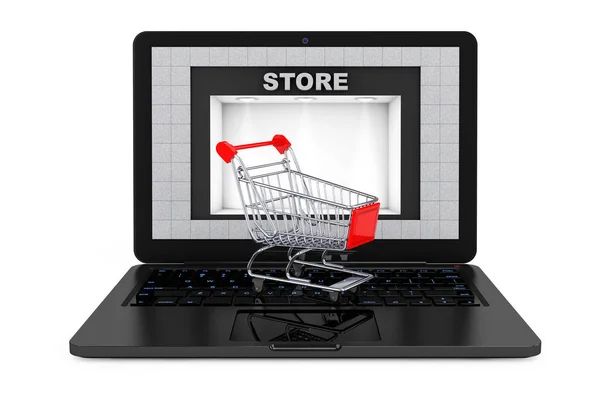 Conceito de compras online. Carrinho de compras sobre laptop com loja B — Fotografia de Stock