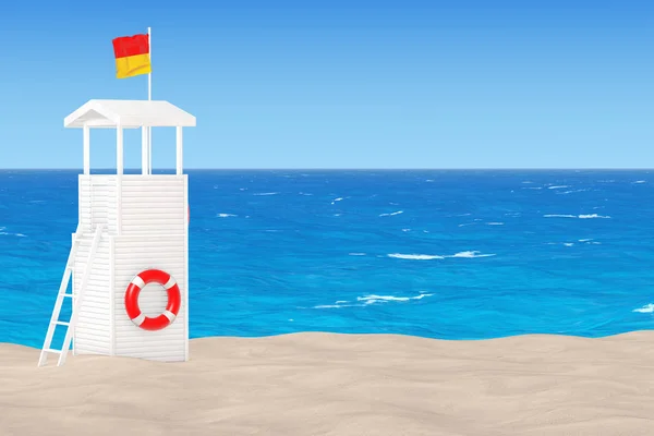 Torre de salvavidas en la playa soleada de arena. Renderizado 3d — Foto de Stock