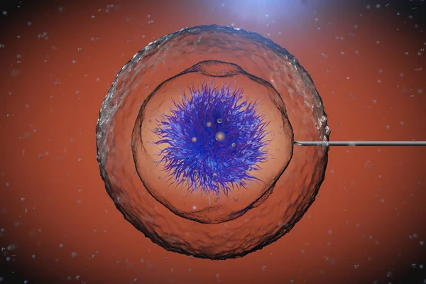 Abstrakt mänsklig Cell med Tube nål under mikroskop. 3D render — Stockfoto