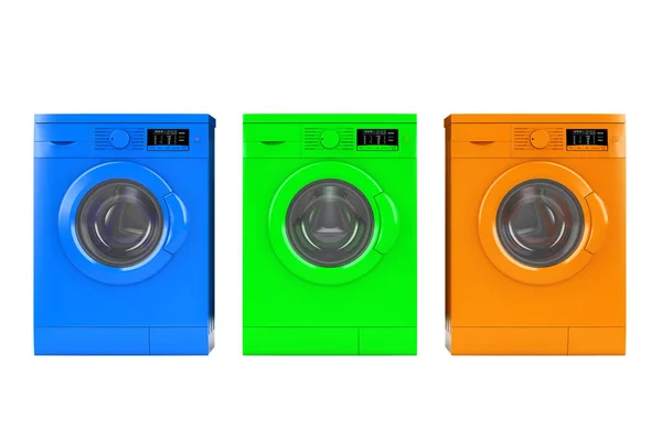 Mehrfarbige moderne Waschmaschinen. 3D-Darstellung — Stockfoto