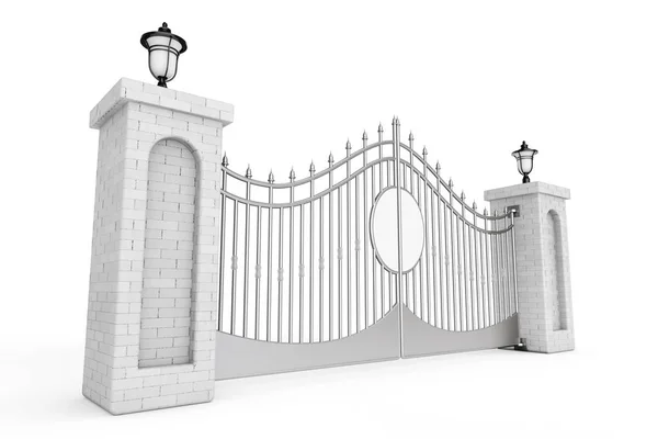 Portão de aço decorativo com pilares de tijolo e luzes. Renderin 3d — Fotografia de Stock