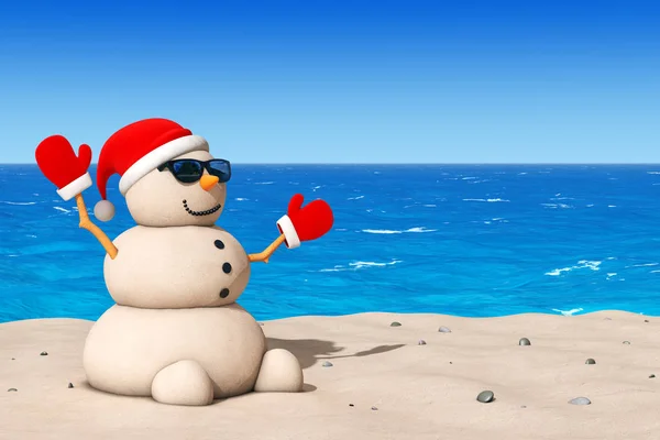 Pupazzo di neve di Natale a Sunny Beach. 3d Rendering — Foto Stock