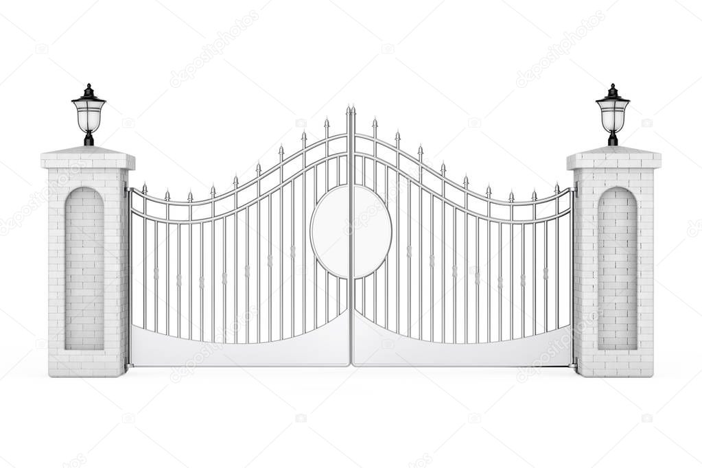 Decorative Steel Gate with Brick Pillars and Lights. 3d Renderin