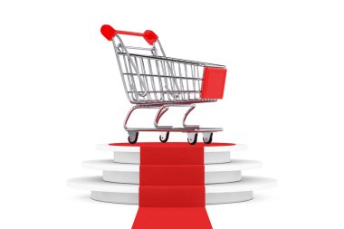 Adımlar ve araba kırmızı yuvarlak beyaz kaide üzerinde alışveriş sepeti