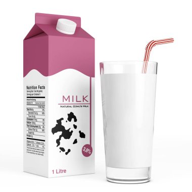 Süt süt karton kutu cam. 3D render