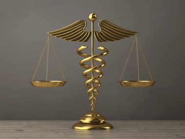 Altın tıbbi Caduceus sembolü olarak ölçekler. 3D render