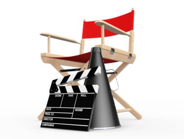 Sinema endüstrisi kavramı. Kırmızı yönetmen koltuğu, film Clapper ve M