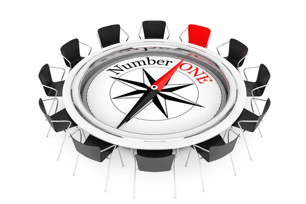 Compass over Round Table show to Number One Person Chair. 3d Ren — Stock Photo, Image