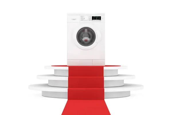 Moderne Waschmaschine über runden weißen Sockel mit Stufen und — Stockfoto