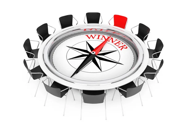 Compass over Round Table show to Winner Person Chair. 3d Renderi — Stock Photo, Image