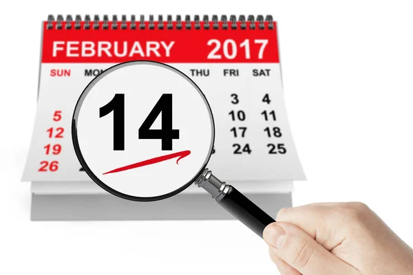 Valentines Day Concept. 14 February Calendar with Magnifier — Stock Photo, Image