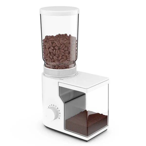 Molinillo de café blanco con granos de café. Renderizado 3d —  Fotos de Stock
