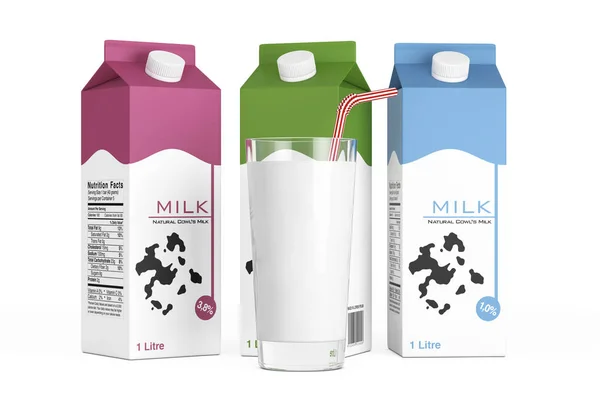 Caixas de caixa de leite com vidro de leite. Renderização 3d — Fotografia de Stock