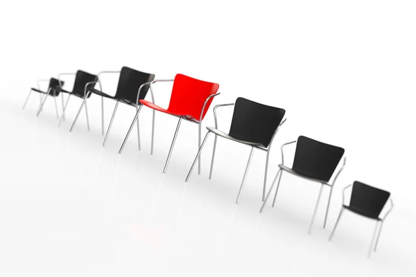 Μεγάλη επαγγελματική συνάντηση. Κόκκινη Καρέκλα αφεντικό μεταξύ άλλες καρέκλες. Ren — Φωτογραφία Αρχείου