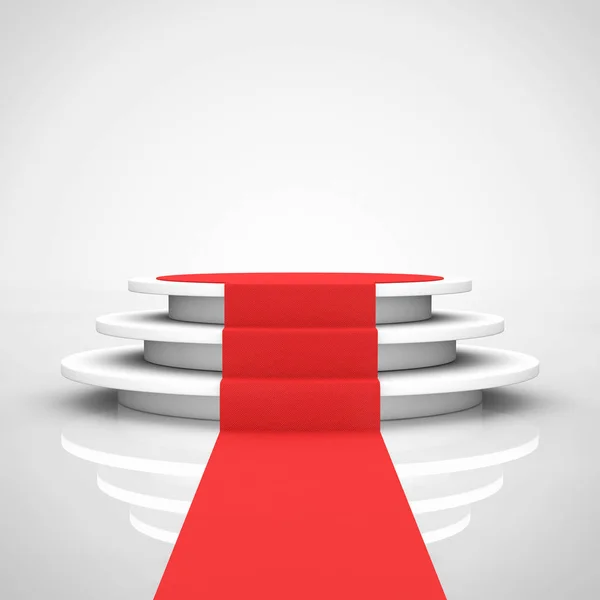 Kulatý bílý podstavec s kroky a červený koberec. 3D vykreslování — Stock fotografie