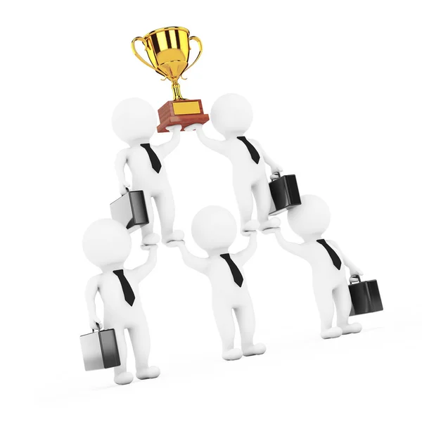 3d Businessmans Team Character Pyramid with Golden Trophy Shoots — стоковое фото