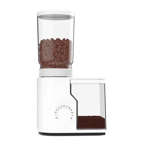 Witte koffiemolen met koffiebonen. 3D-rendering — Stockfoto