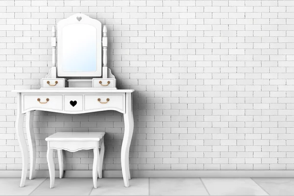 Mesa de tocador de dormitorio antiguo con taburete y espejo. Renderizado 3d —  Fotos de Stock