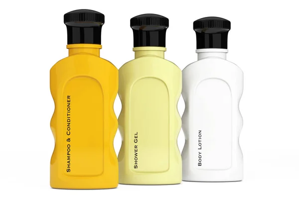 Mehrfarbige Hotelkosmetikflaschen. 3D-Darstellung — Stockfoto