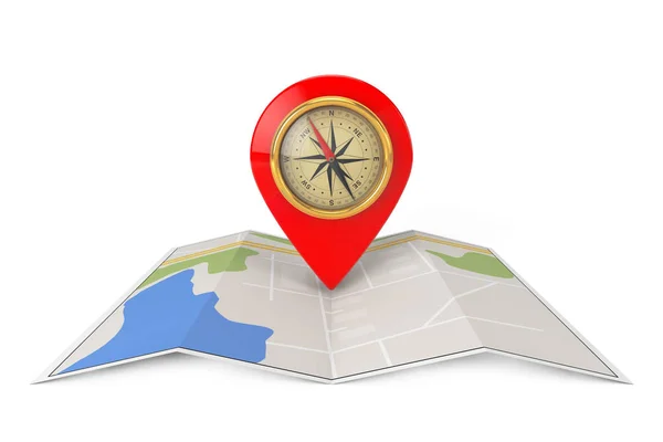 Folded Abstract Navigation Map with Target Pin and Compass. 3d R — Stock Photo, Image