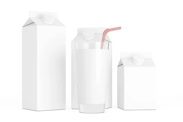 Caixas de caixa de leite em branco com vidro de leite. Renderização 3d — Fotografia de Stock