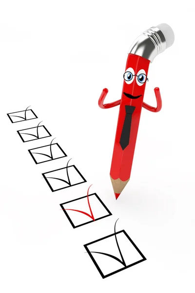 Cartoon potlood met checklist. 3D-rendering — Stockfoto