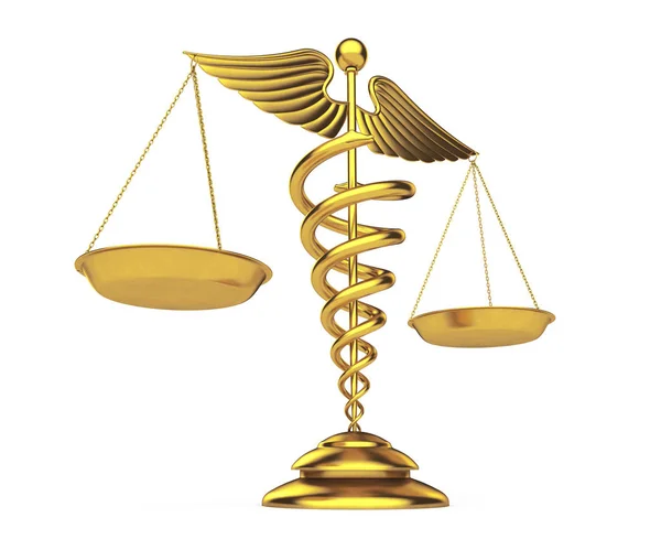 Altın tıbbi Caduceus sembolü olarak ölçekler. 3D render — Stok fotoğraf