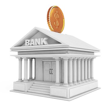 Altın sikke olarak servet ile banka binası. 3D render