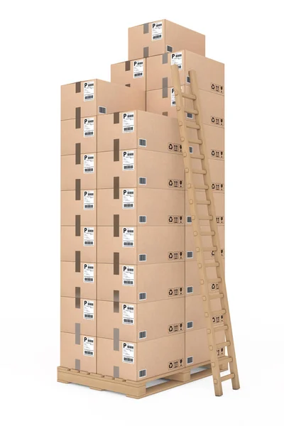 Logistics concept. Cardboard boxes with Ladder on wooden palett — Stock Photo, Image