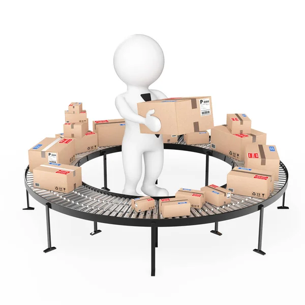 3d kleine Leute halten einen Karton in der Nähe von Paketwaren über Rollen — Stockfoto