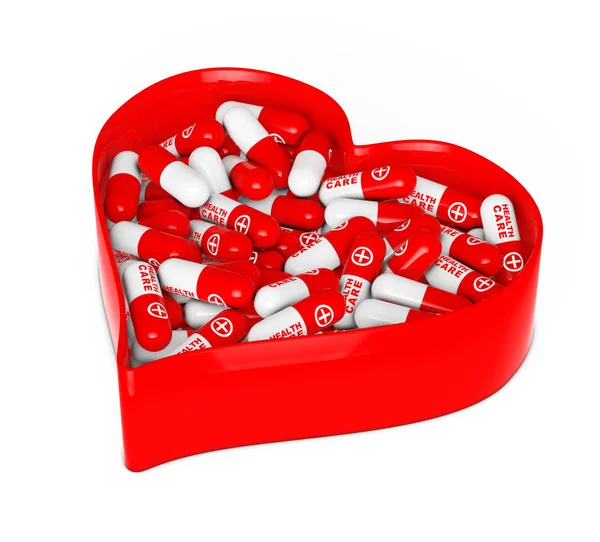 Red Heart Box with Medical Pills. 3d Rendering — Stock Photo, Image