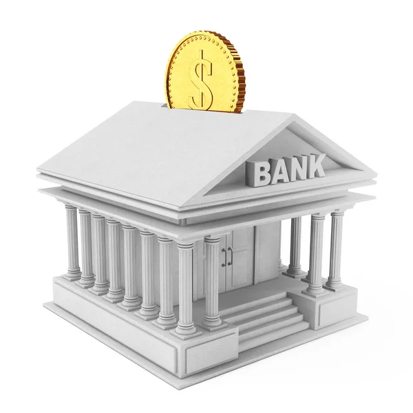 银行大楼与作为扑满金黄的硬币。3d 渲染 — 图库照片