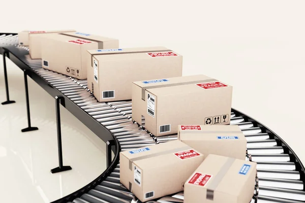 Parcels Transportation System Concept. Cardboard Boxes on Convey — Stock Photo, Image