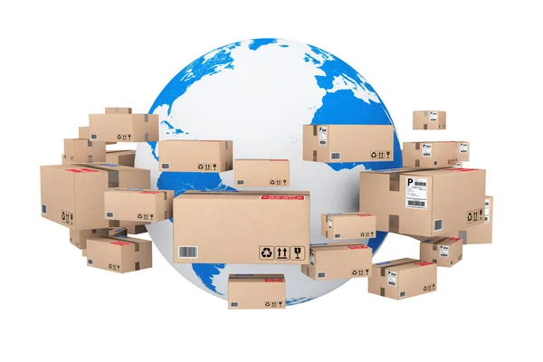 Global Shipping en logistieke Concept. Earth Globe omringd door — Stockfoto