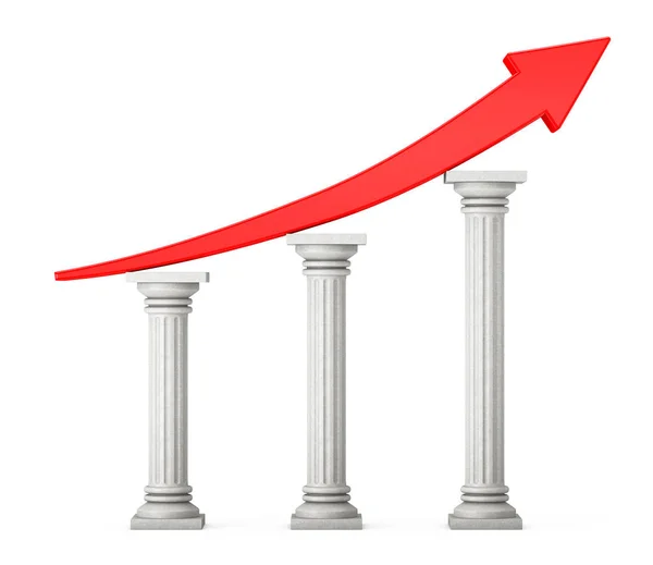 Postępu czerwone strzałki nad klasyczne kolumny. renderowania 3D — Zdjęcie stockowe