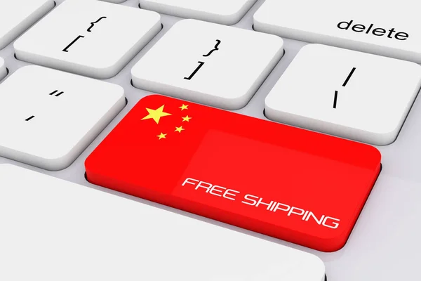 Teclado de computadora con bandera de China y señal de envío gratis. 3d — Foto de Stock