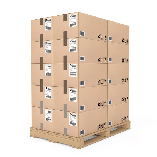 Concepto logístico. Cajas de cartón en paleta de madera. 3d Renderi — Foto de Stock