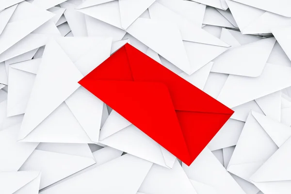 Beyaz boş zarf mektuplar yığın ile kırmızı bir merkezi. 3D Ren — Stok fotoğraf
