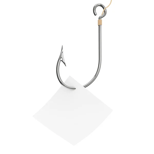Gancio da pesca in acciaio inox con carta nota in bianco. 3d Rendering — Foto Stock