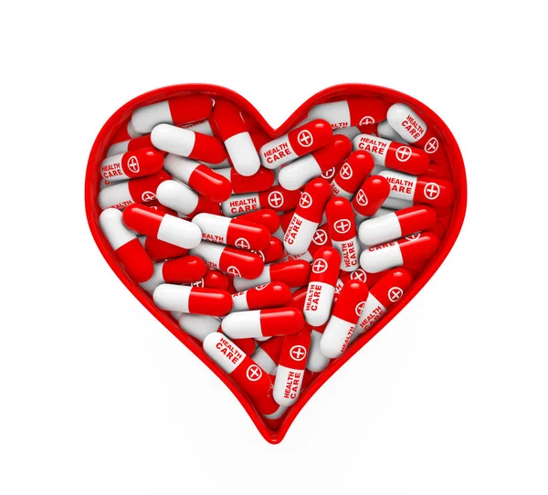 Caja roja del corazón con píldoras médicas. Renderizado 3d —  Fotos de Stock