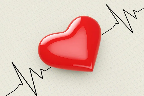 Cuore Rosso su sfondo cardiografico. 3d Rendering — Foto Stock