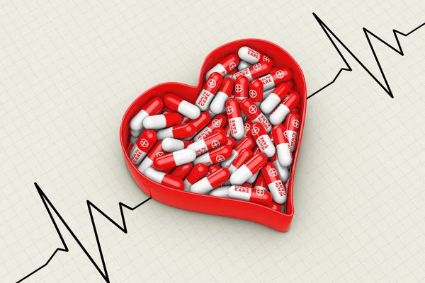 Scatola di cuore rosso con pillole su sfondo cardiografico. 3d Renderin — Foto Stock