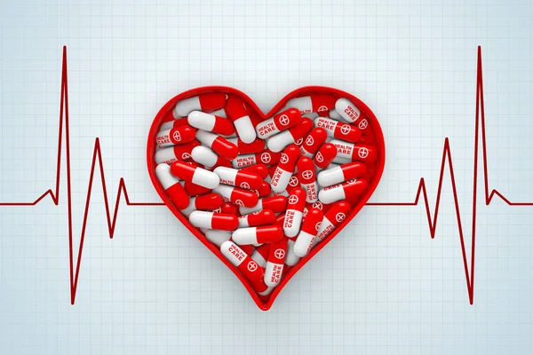 Caja roja del corazón con pastillas en un fondo cardiográfico. Renderina 3d —  Fotos de Stock