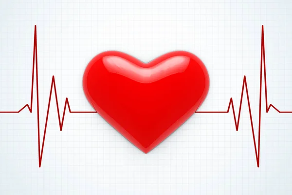 Kardiyogram arka plan üzerinde kırmızı kalp. 3D render — Stok fotoğraf