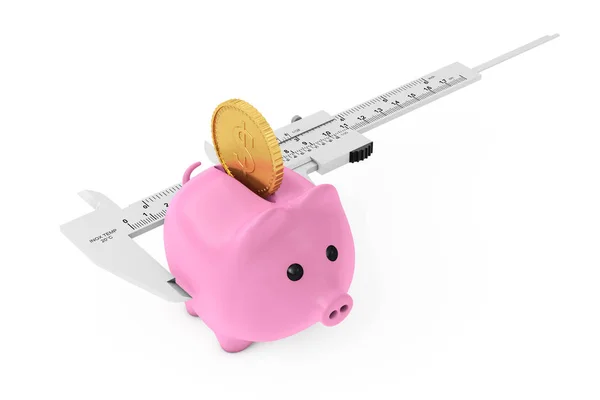 Size of Savings Concept. Piggy Bank with Golden Coin and Vernier — Stock Photo, Image