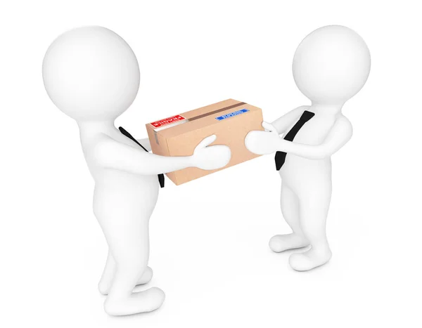 3d Small People Delivering a Cardboard Box to Another Person. 3d — Stock Photo, Image