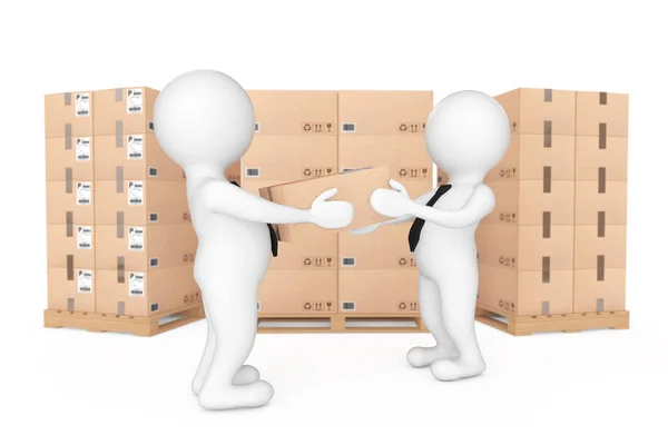 3d Small People Delivering a Cardboard Box to Another Person. 3d — Stock Photo, Image