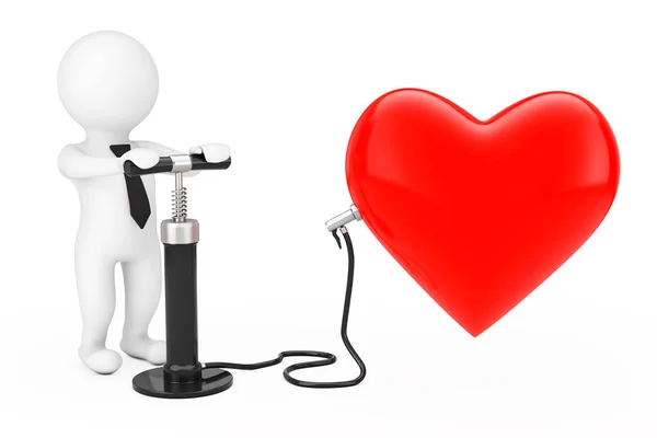 3d Person with Black Hand Air Pump inflates Red Heart Balloon. 3 — Stock Photo, Image