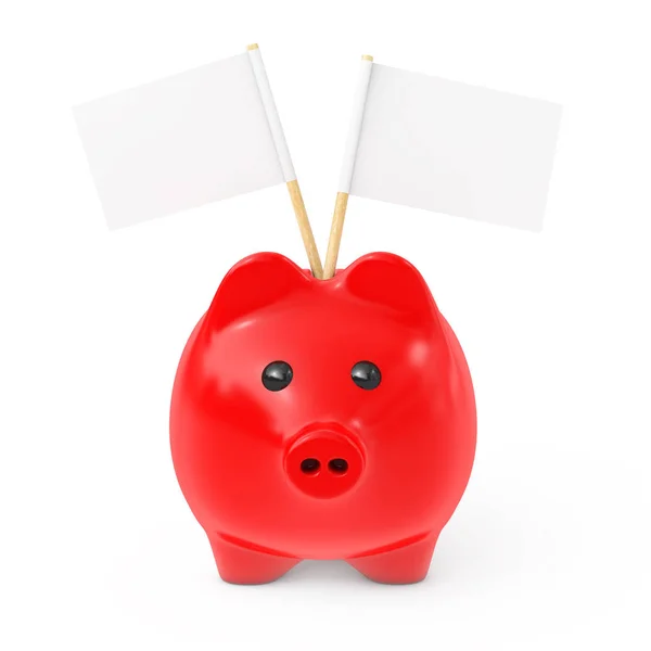 Red Piggy Bank Style Money Box with Blank Flags for Your Text. 3 — Stock Photo, Image