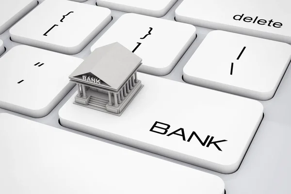 Bank Building over Computer Keyboard with Bank Sign. 3d Renderin